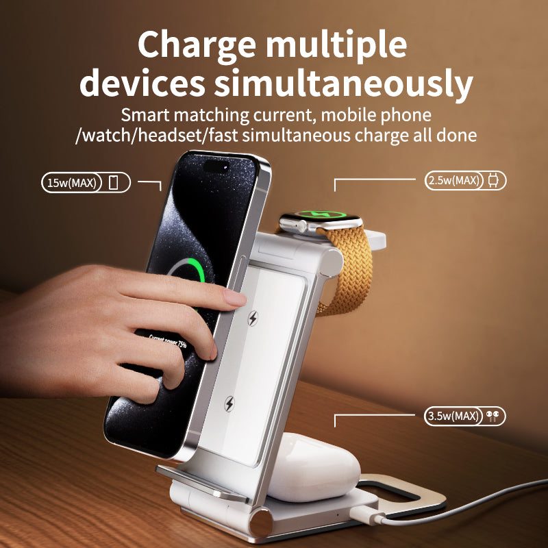 T8 Dual Coils 3IN1 Wireless Charger Aluminium Folding 15W Wireless Travel Chargers for Samsung/iPhone