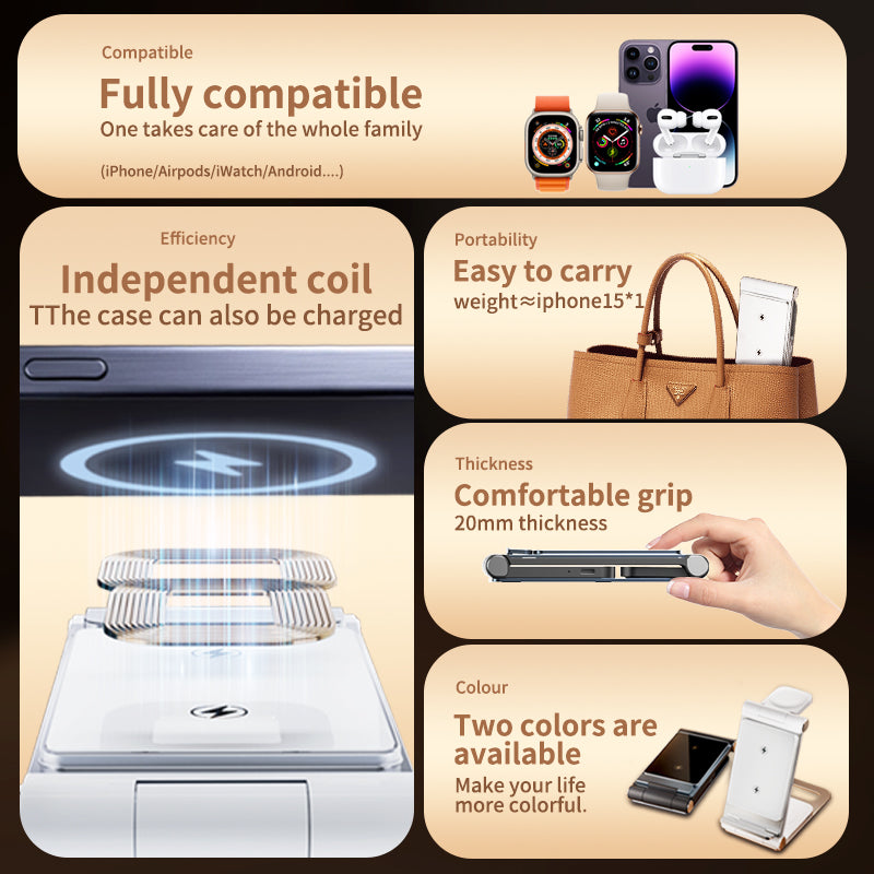 T8 Dual Coils 3IN1 Wireless Charger Aluminium Folding 15W Wireless Travel Chargers for Samsung/iPhone